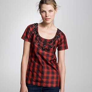 [J. Crew] Red Black Buffalo Plaid Eliza Jeweled Necklace Tartan Top Silk Size 6